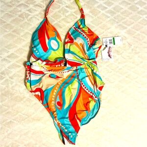 Jessica Simpson plunge neck one piece bathing suit, large NWT